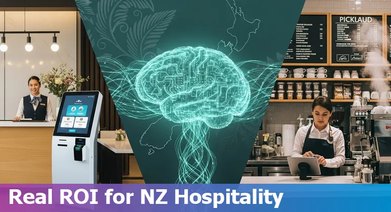 Hospitality staff and service robot in a New Zealand hotel lobby illustrating AI-driven efficiency in New Zealand
