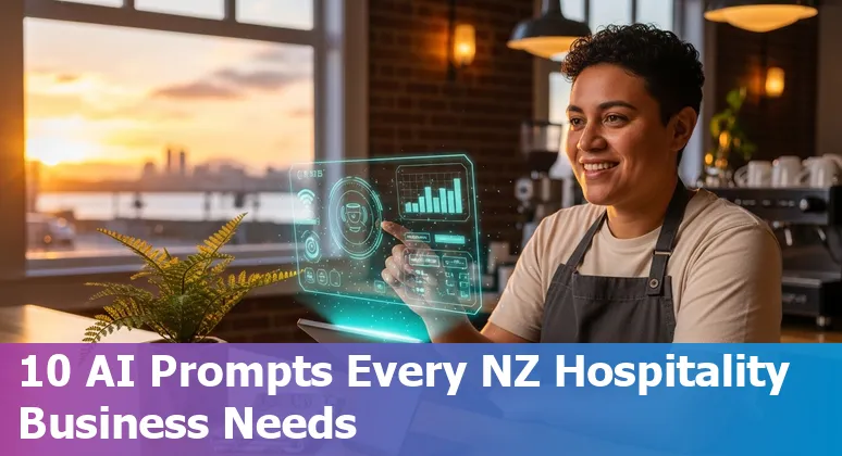 Hospitality staff using AI tools on a laptop with a New Zealand landscape visible through the window.