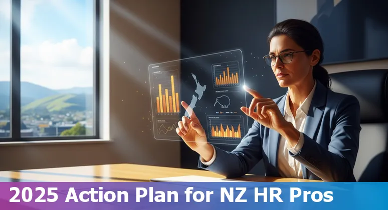 AI and HR team collaborating in a New Zealand office, showing AI tools, HR people, and NZ context