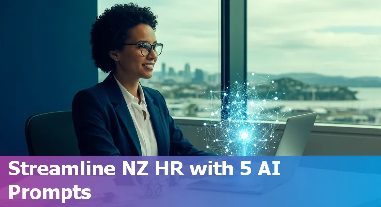 HR professional in New Zealand using AI prompts on a laptop with icons for benefits, hiring, onboarding and analytics