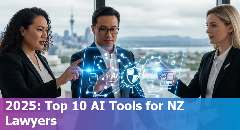 Collage of AI icons, legal scales and a New Zealand map representing top AI tools for lawyers in 2025.