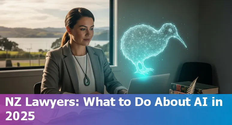 Lawyer using AI tools on a laptop in a New Zealand law office, 2025