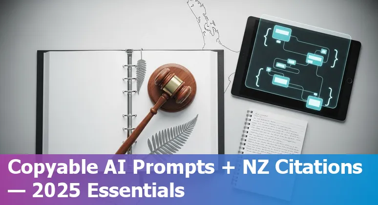 A New Zealand lawyer using AI prompts on a laptop with legal documents and a kiwi flag in the background.