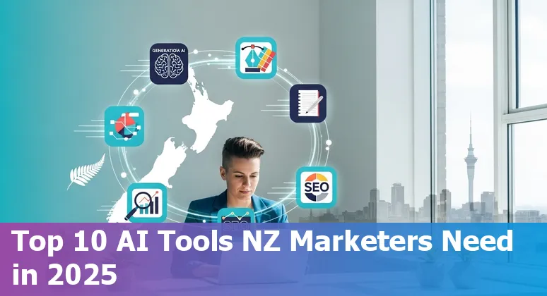 Collage of AI marketing tools logos (ChatGPT, Canva, Jasper, MarketMuse, BrightEdge, ManyChat, HeyGen, Smartly.io, Noogata, Make.com) with New Zealand map