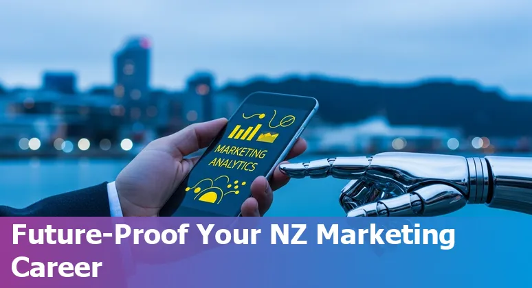 Auckland skyline with AI icons showing AI's impact on marketing jobs in New Zealand in 2025