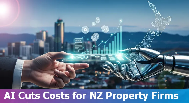 Auckland skyline with AI overlay illustrating how AI helps New Zealand real estate companies cut costs and improve efficiency in New Zealand