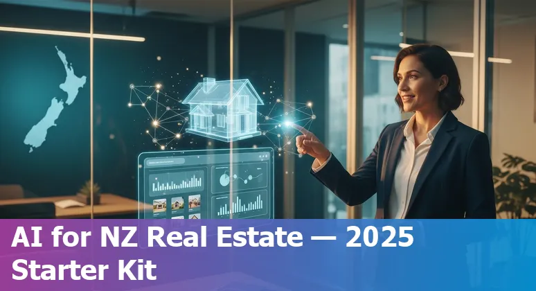 Illustration of AI tools powering New Zealand real estate market 2025, showing agents, data charts and virtual tours in NZ