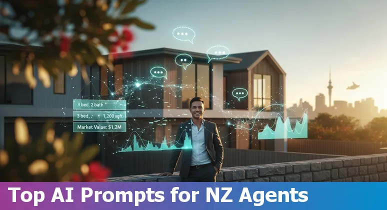 New Zealand real estate agent using AI tools on laptop with Auckland skyline in background