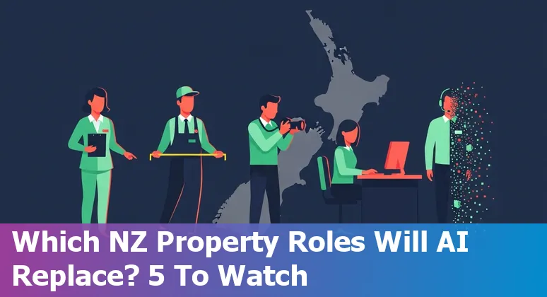 Real estate agent with laptop showing AI tools and property photos, representing AI's impact on NZ real estate jobs