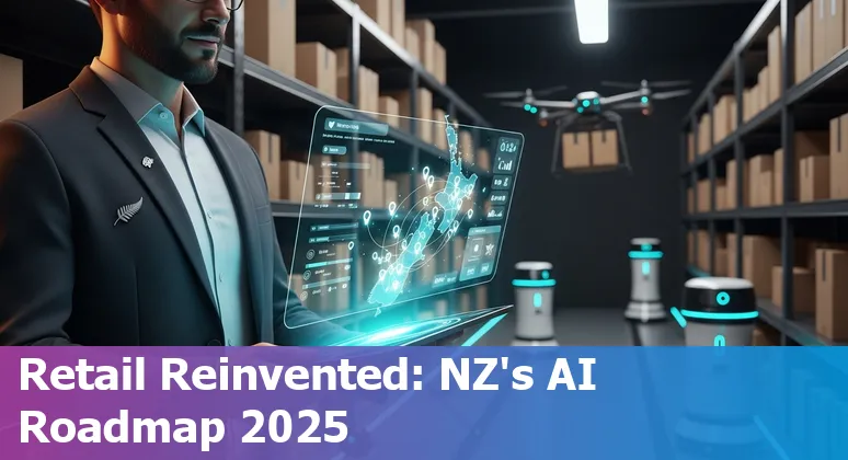 Illustration of AI in New Zealand retail: store, chatbot and supply chain map with New Zealand flag