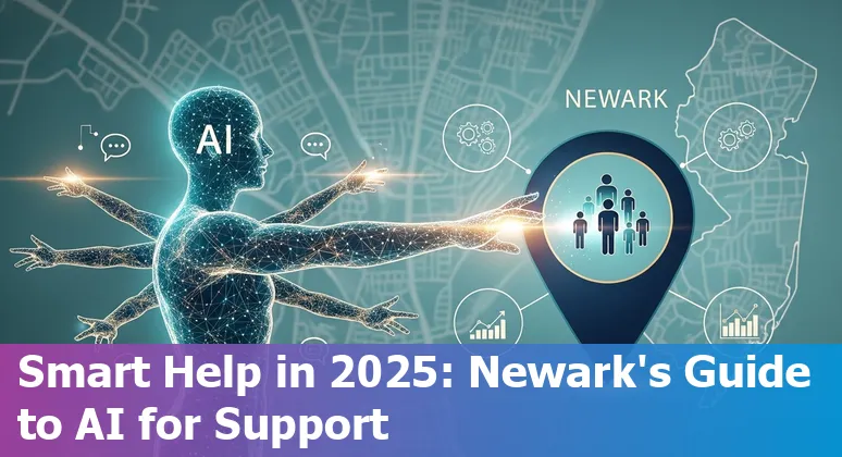 Customer service agent using AI tools on a laptop with icons for Kommunicate, Zendesk, Ada and Zendesk in Newark skyline background