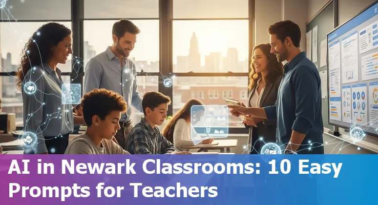Teacher using AI tools with Newark skyline in background, showing lesson plans and privacy checklist.