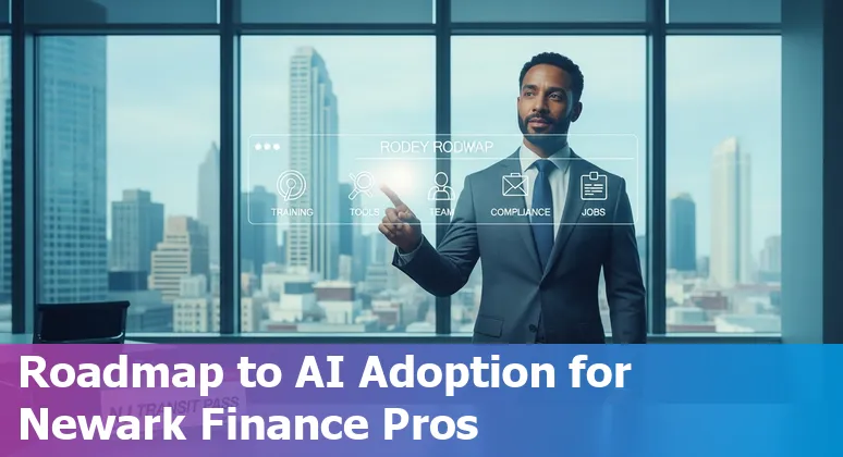 Finance professional using AI tools with Newark, New Jersey skyline in the background (2025)