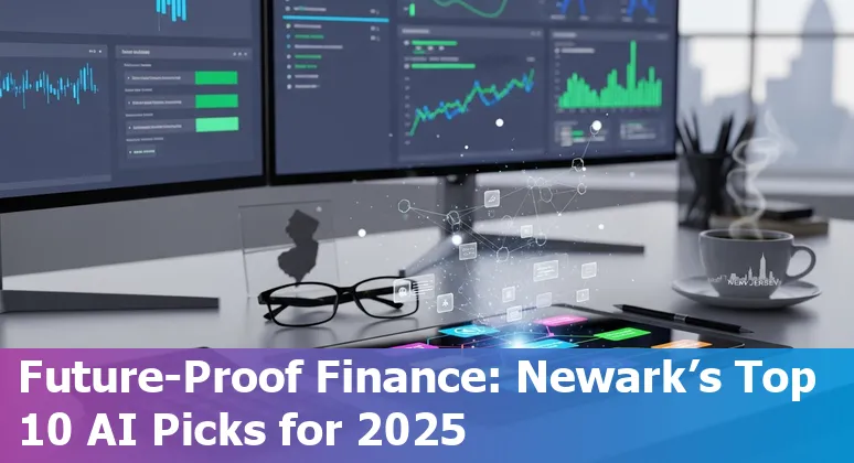 Newark finance professional using AI tools like ChatGPT and Microsoft Copilot on a laptop with Newark skyline in background