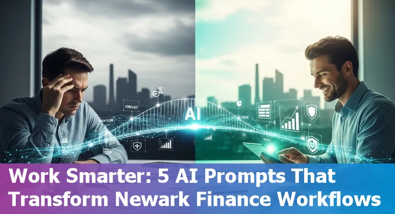 Finance professional in Newark using AI prompts on a laptop, with charts showing cash flow and forecasts.