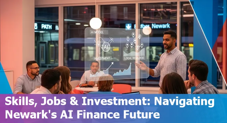 Illustration of AI in financial services with Newark, New Jersey skyline and icons for banks, data, and governance.