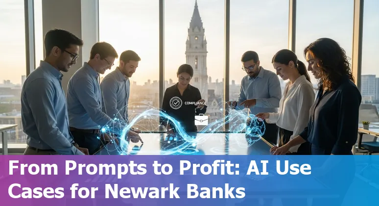 Illustration of AI tools and Newark skyline with finance icons