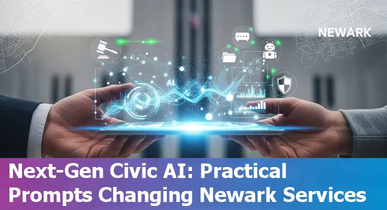 City hall official using AI on a laptop with Newark skyline and NJ AI Hub logos in the background