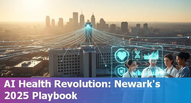Healthcare AI illustration with Newark, New Jersey skyline and NJ AI Hub logos — Newark, New Jersey.