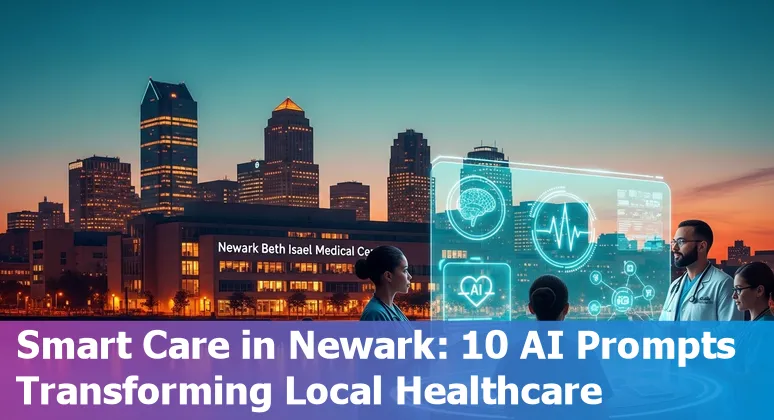 Doctors and developers discussing AI prompts for Newark hospital workflows on a tablet.