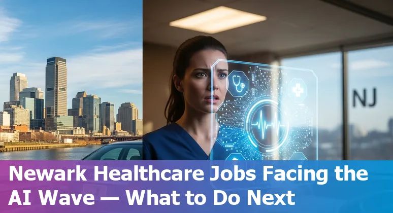 Healthcare worker in Newark reviewing AI-driven medical dashboard with hospital skyline.