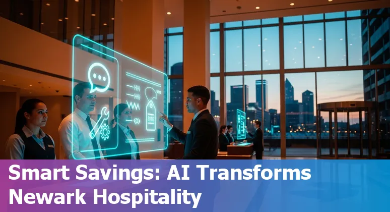 Newark, New Jersey hotel lobby with AI kiosk and staff using tablet showing Newark, New Jersey hospitality technology