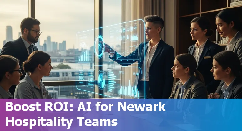 Hotel front desk using AI chatbots and Newark, New Jersey skyline in background (2025)