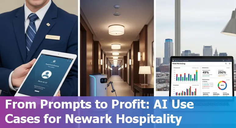 Hotel lobby in Newark with AI icons overlay showing personalization, voice booking, and automation.