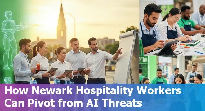 Hospitality worker at Newark hotel front desk with AI tools in background; training and upskilling icons.