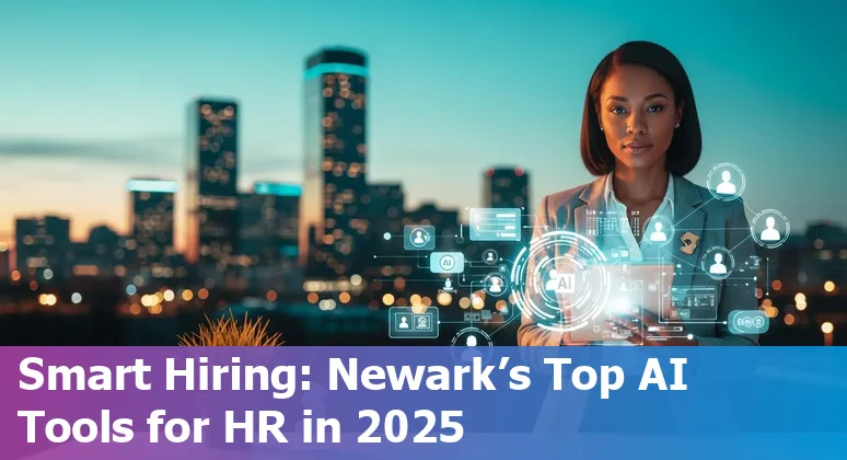 Newark HR professional reviewing AI recruiting and HR tools on laptop with Newark skyline in background.