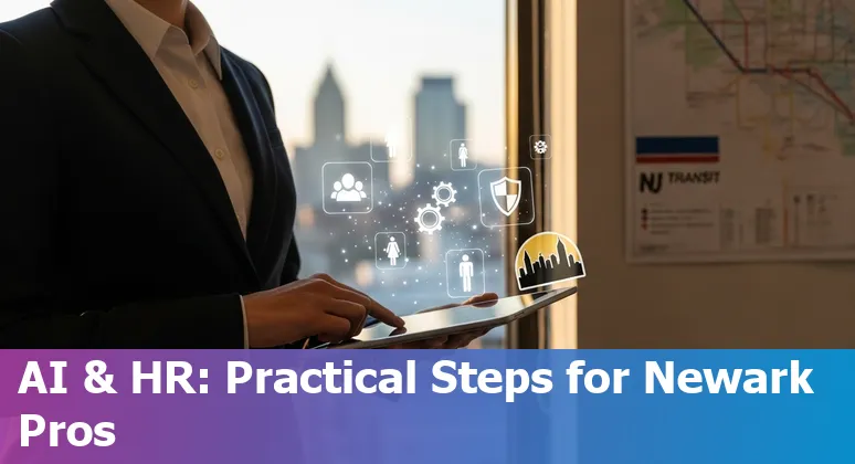 Illustration of HR professional using AI tools in Newark, New Jersey skyline background
