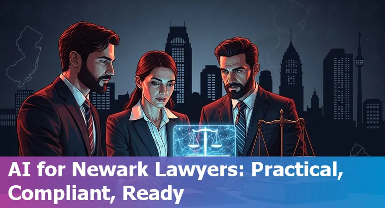 Newark, New Jersey legal professional using AI tools on a laptop with Newark skyline in the background.