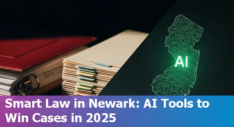 Newark legal professionals using AI tools on laptops in a law office near Newark skyline in 2025.