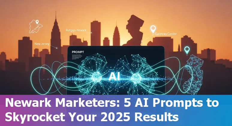Marketing professional using AI prompts on a laptop with Newark skyline in background