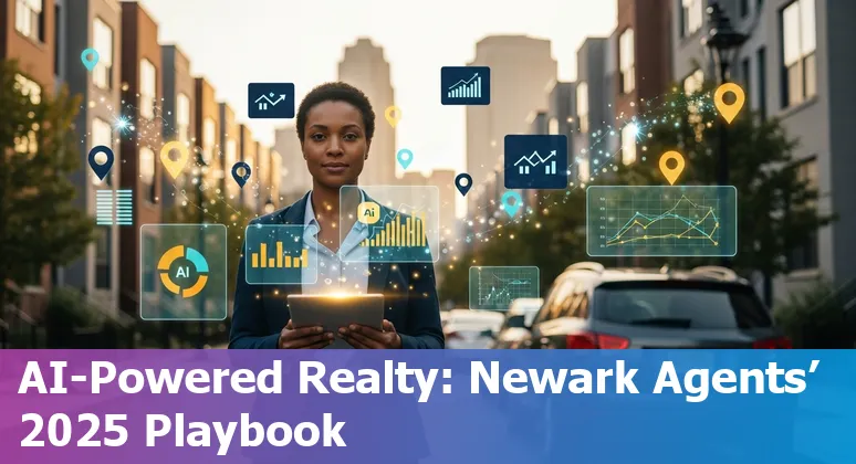 Real estate agent using AI tools on a tablet with Newark, New Jersey skyline in 2025 in the background