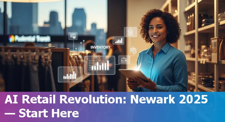 Retail store with AI elements and Newark, New Jersey skyline, symbolizing AI in retail in Newark, New Jersey in 2025