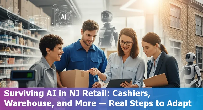 Retail worker at a Newark store using a tablet while self-checkout kiosks operate in background
