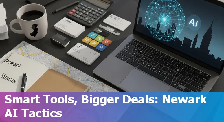 Sales professional using AI tools on a laptop with Newark, New Jersey skyline in background