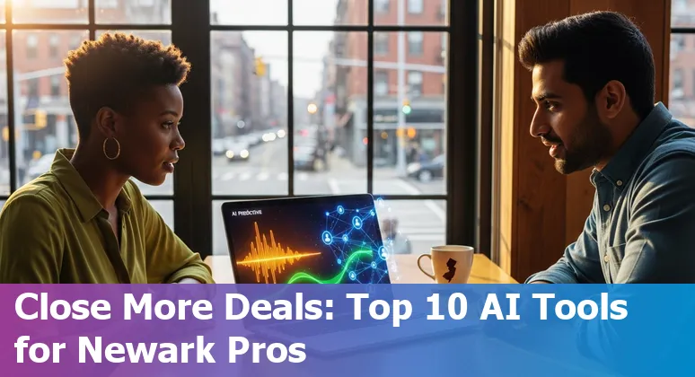 Newark sales professional using AI tools on laptop with Newark skyline in background