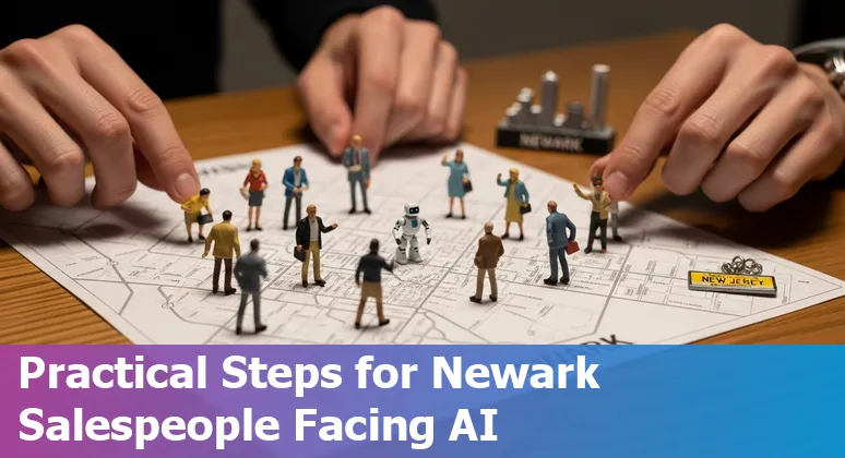 Salesperson using AI tools on a laptop in Newark, New Jersey skyline background