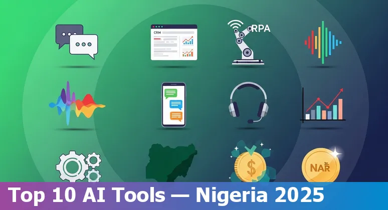Customer service professional in Nigeria using AI tools on laptop and WhatsApp with icons for CDIAL.AI, GMind, Zoho, ChatGPT, Tidio, Emitrr, Intercom, Hiver, UiPath.