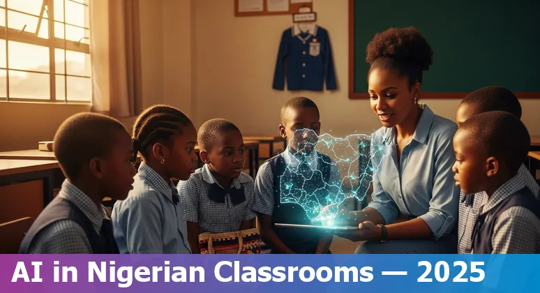 Illustration of AI in Nigerian classrooms 2025 with students and teachers using laptops and AI tools in Nigeria