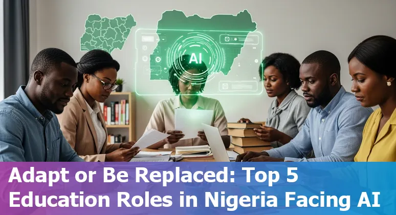 Nigerian teacher and students using laptop with AI icons overlay, representing education jobs adapting to AI.