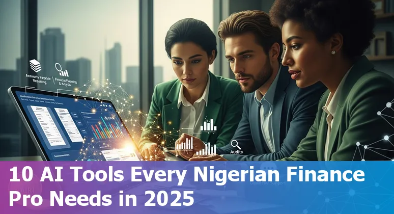 Collage of AI icons and Nigerian finance professionals reviewing financial dashboards