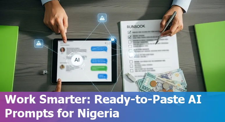 Finance professional using AI prompts on a laptop with Lagos skyline visible through the window.