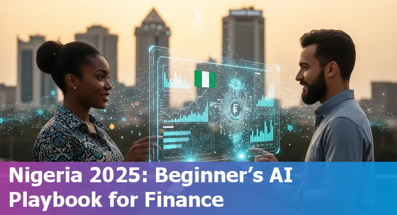 Illustration of AI in Nigeria financial services 2025 showing fintech apps, regulators, and data charts
