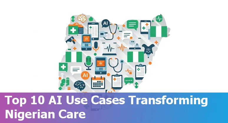 Healthcare worker using a tablet with a chatbot interface in a Nigerian clinic; patients and signage in English and Hausa.