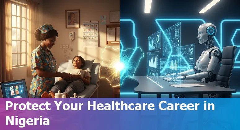 Healthcare workers in Nigeria learning AI tools and reskilling with laptops and medical charts