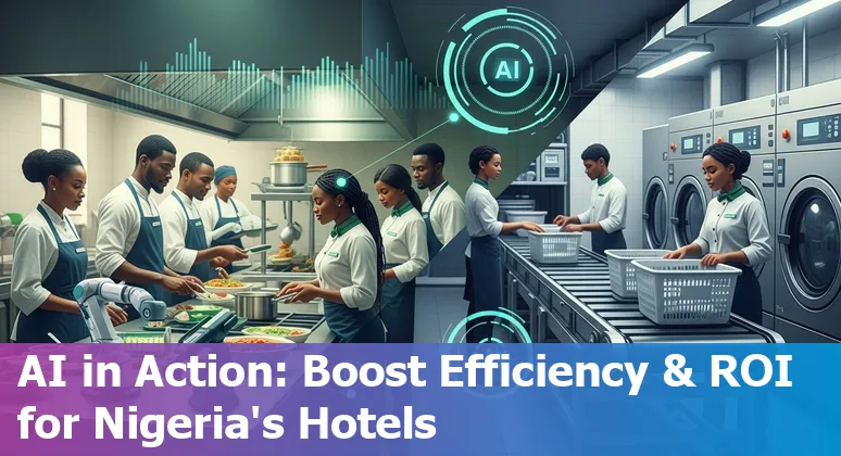 Hotel lobby with AI kiosk and staff in Nigeria