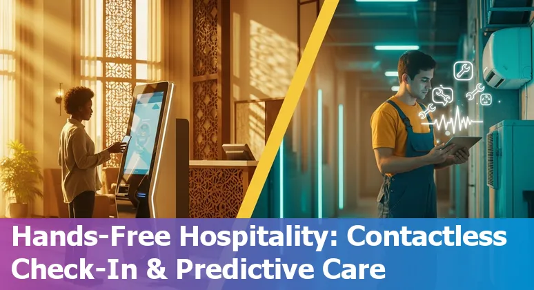 Hotel staff using AI tools on mobile devices with Lagos skyline in background